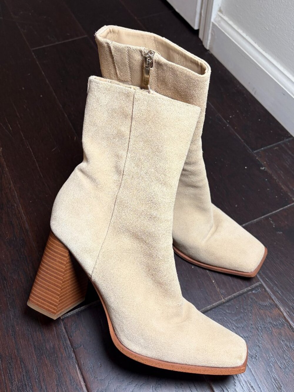 Sam Edelman Ivette Sesame Suede Square Toe Block Heel Booties Chunky Size 9
